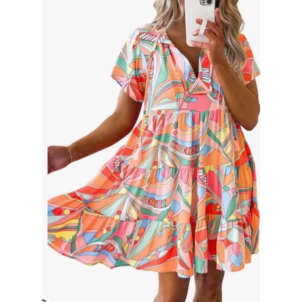 Olivaceous Pink Multicolor Geometric Tiered Tassel Mini Dress Womens Small NWT